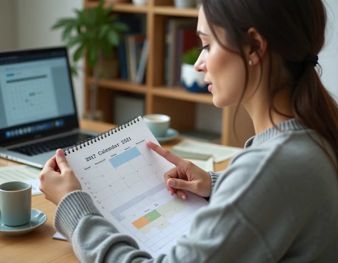 Femme consultant un calendrier papier avec semaines paires et impaires surlignées, assise devant un ordinateur affichant Google Agenda