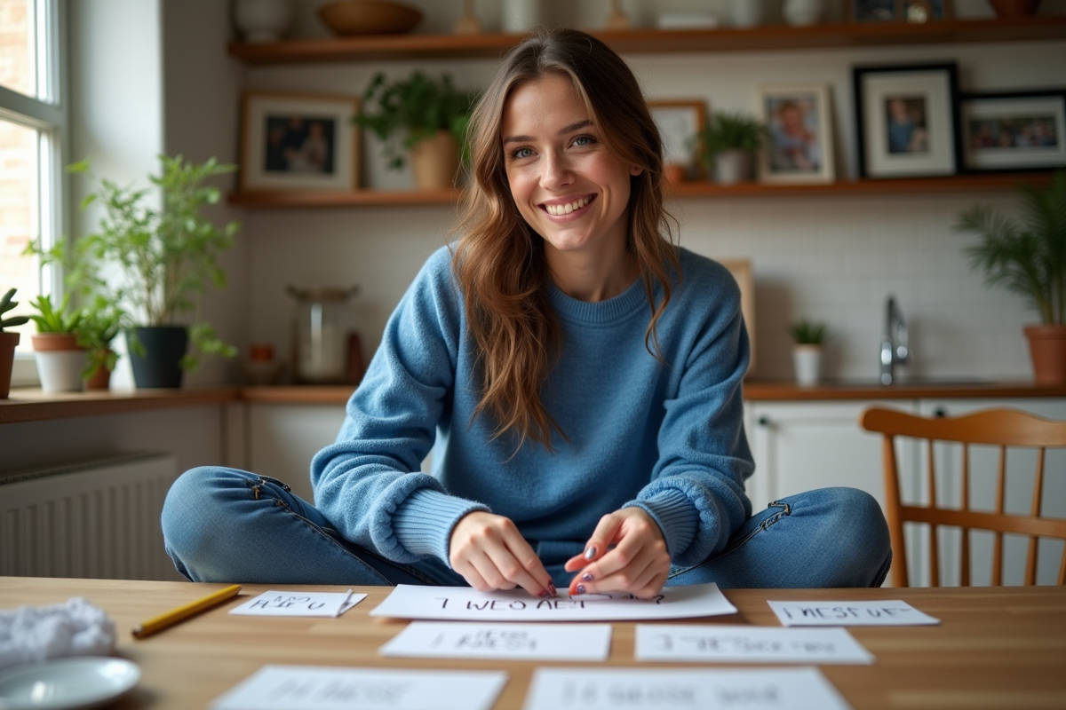Femme souriante assemble des cartes Guess Who à la maison