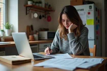 Femme seule consultant des documents administratifs de la CAF après une séparation, assise à une table de cuisine