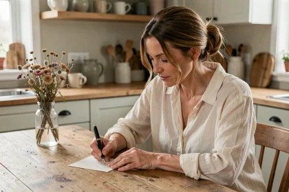 Femme écrivant un message avec un proverbe sur une carte pour sa maman à une table en bois rustique