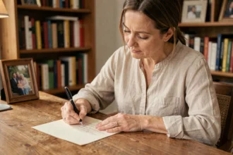 Femme écrivant une lettre de condoléances à la main pour accompagner quelqu'un en deuil de sa mère