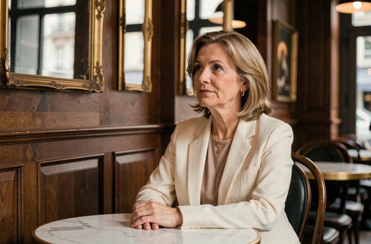 Femme d'âge mûr à l'allure élégante assise dans une brasserie parisienne avec une expression pensive évoquant la nostalgie