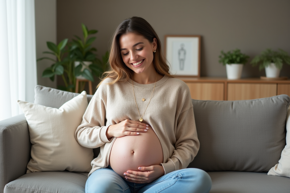 Femme enceinte souriante avec bola de grossesse dans un salon lumineux