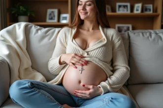 Femme enceinte souriante portant une bola de grossesse en argent