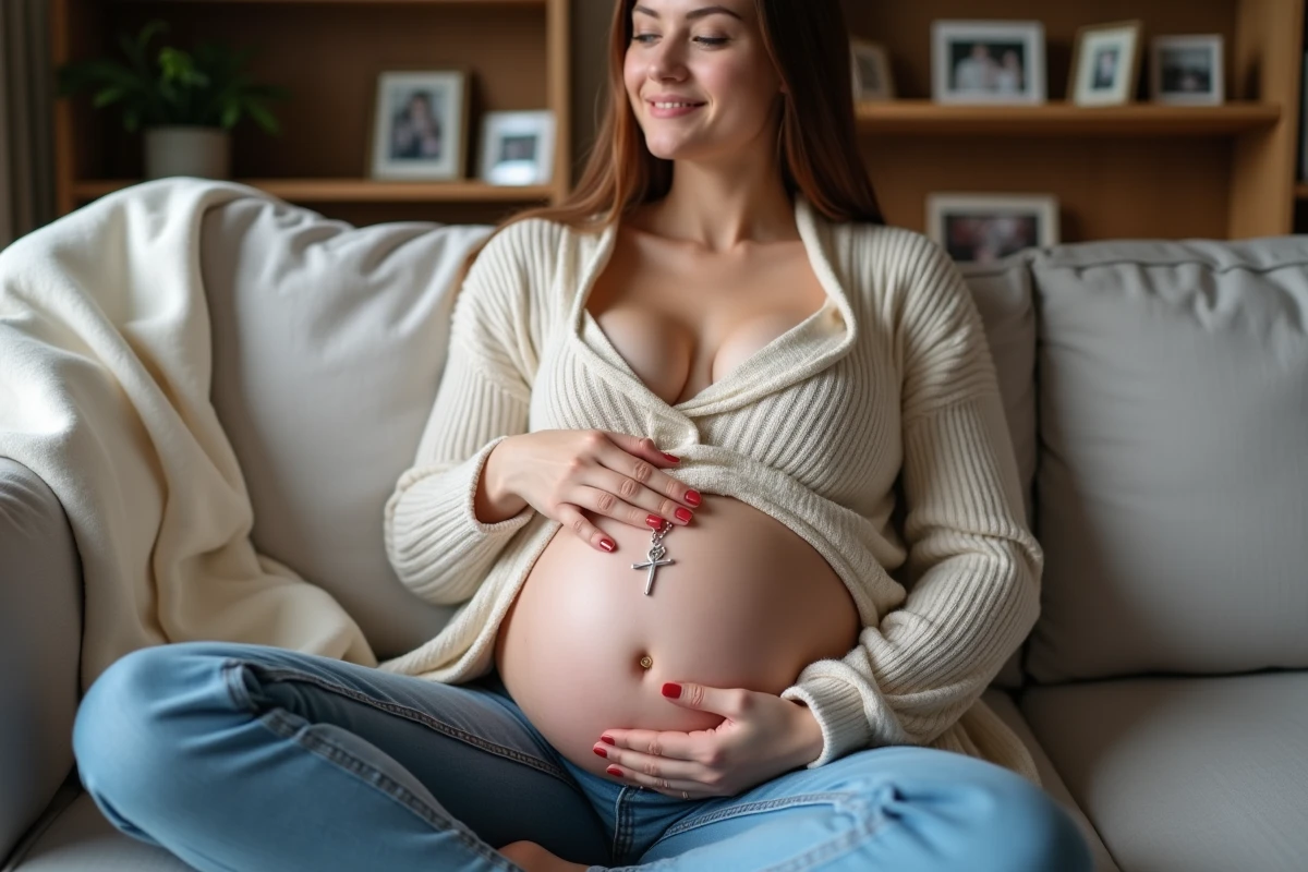 Femme enceinte souriante portant une bola de grossesse en argent