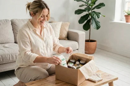 Femme enceinte heureuse ouvrant un coffret cadeau de maternité contenant des soins naturels et du thé dans un salon scandinave lumineux