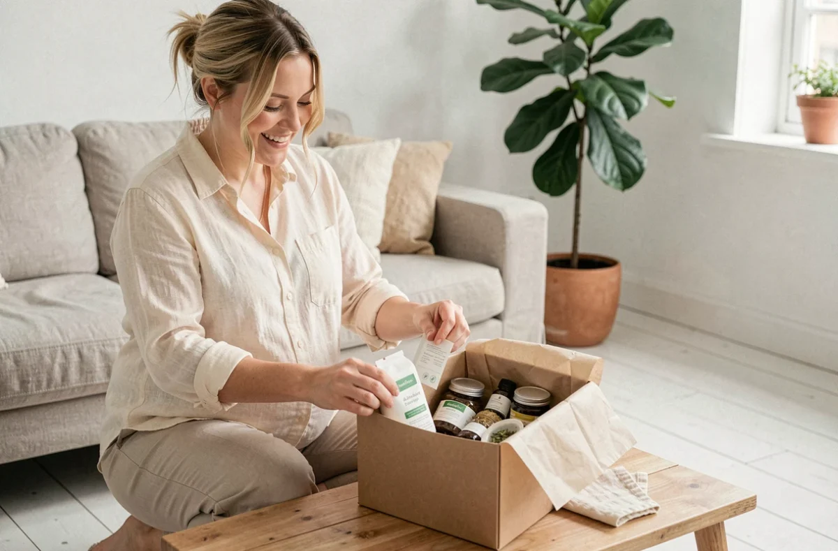 Femme enceinte heureuse ouvrant un coffret cadeau de maternité contenant des soins naturels et du thé dans un salon scandinave lumineux