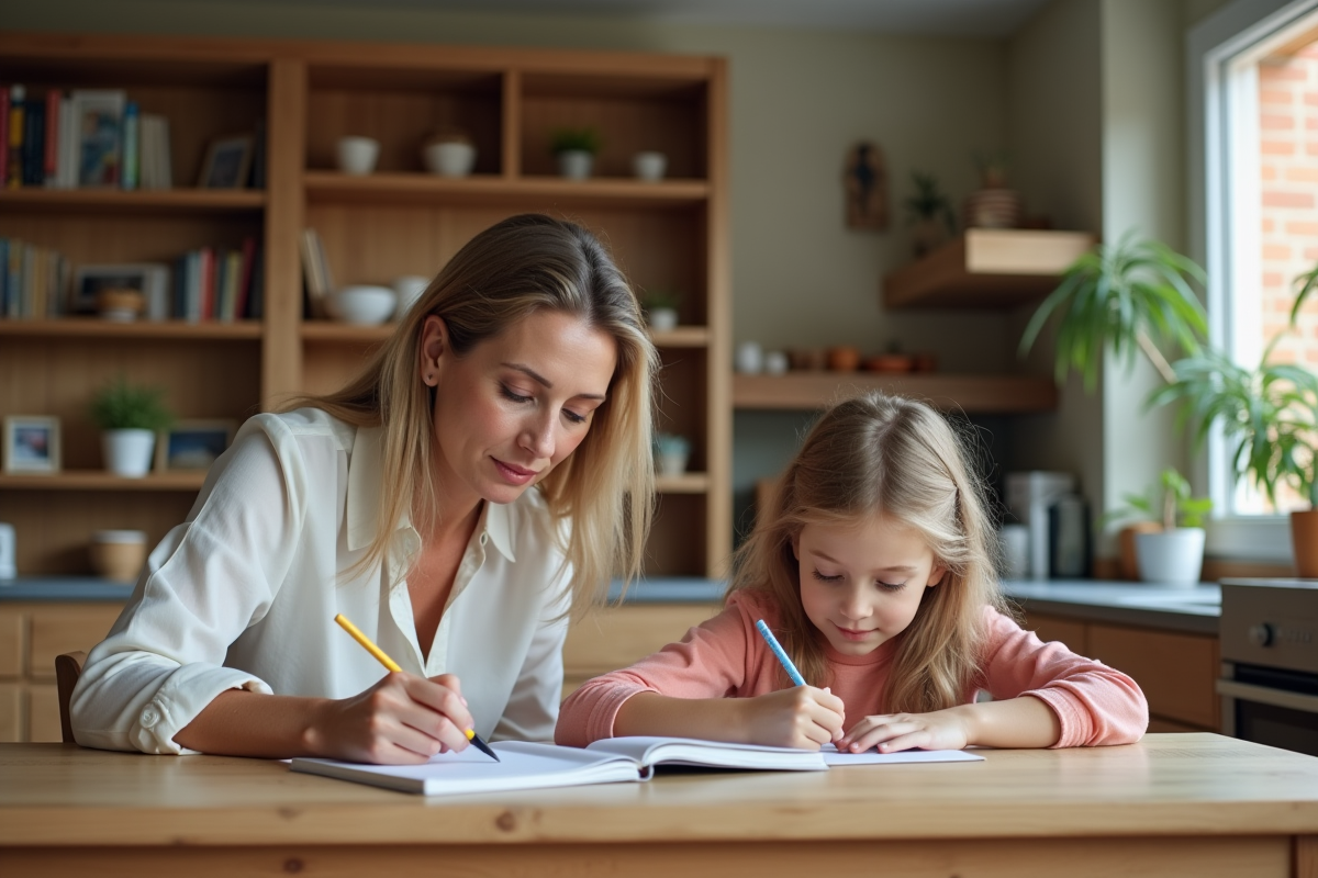 Femme et fille dessinant à la cuisine chaleureuse