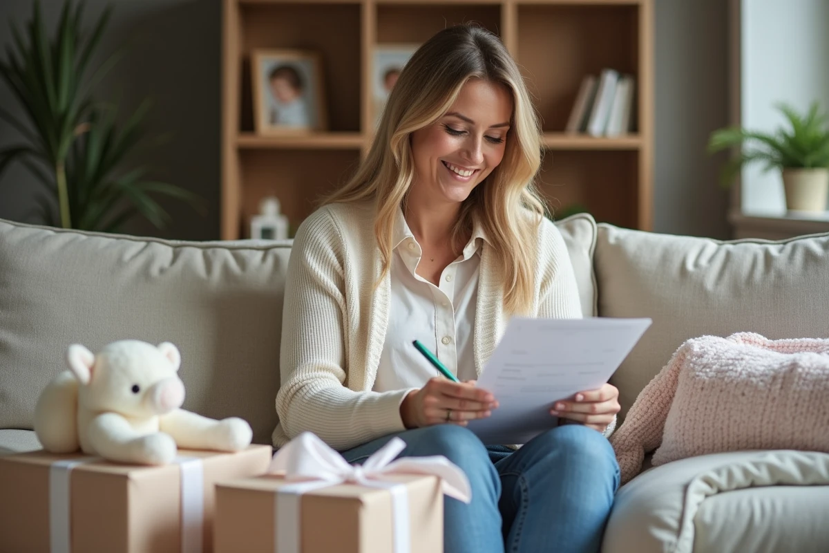 Femme souriante entourée de cadeaux et articles pour bébé