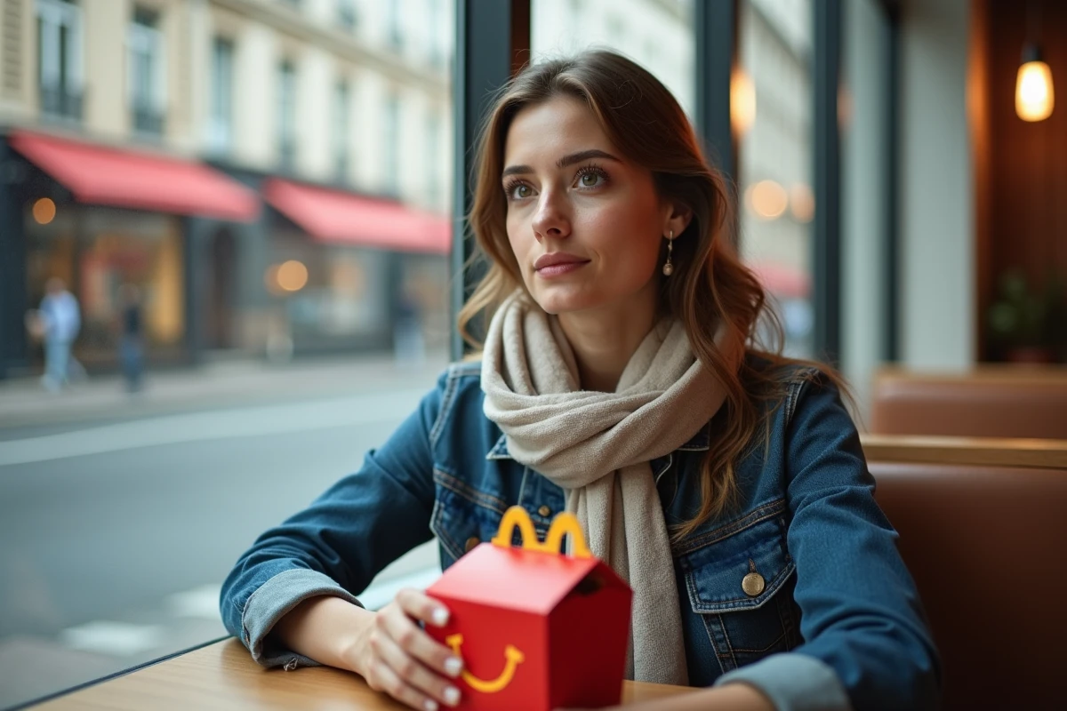Femme tenant un Happy Meal dans un restaurant McDonald's en centre-ville européen, ambiance urbaine