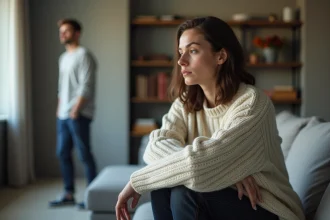 Femme seule sur un canapé ignorée par son partenaire après une dispute de couple
