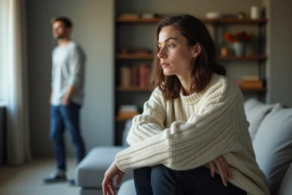 Femme seule sur un canapé ignorée par son partenaire après une dispute de couple