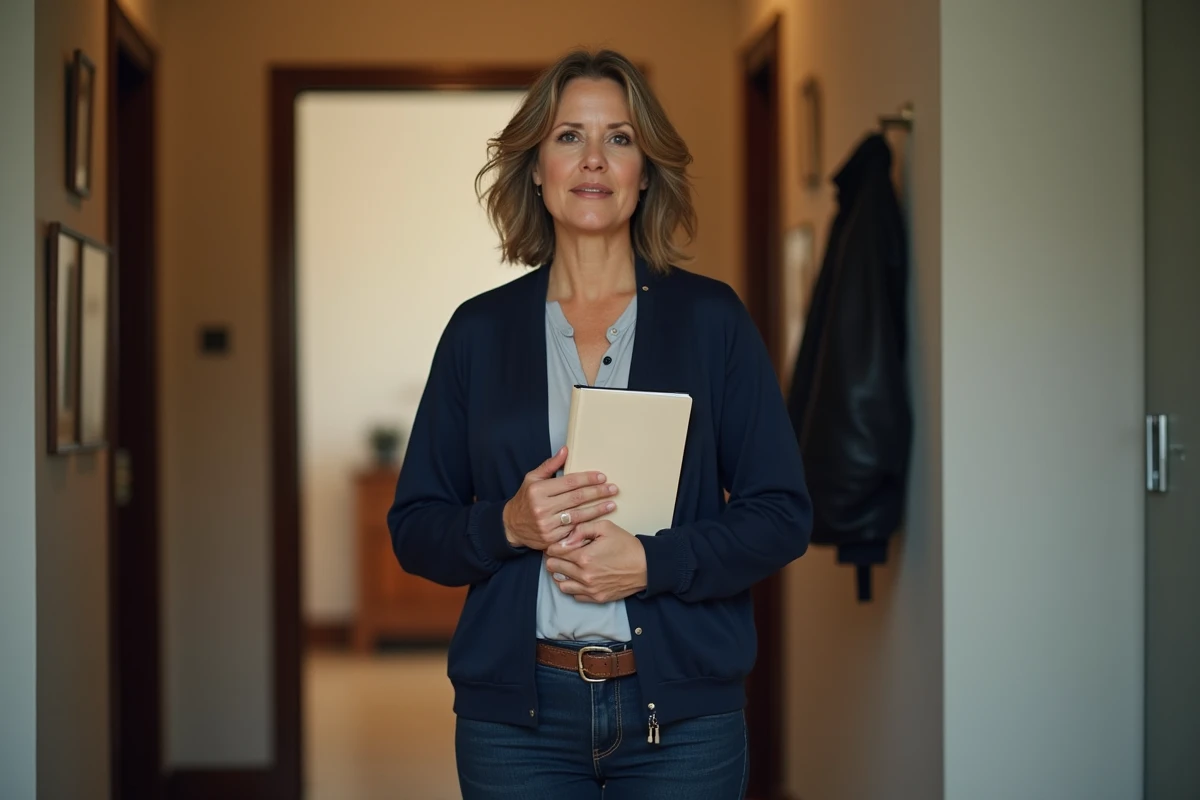 Femme tenant un journal dans un couloir, symbolisant la prise de conscience et les limites posées face à l'alcoolisme du conjoint