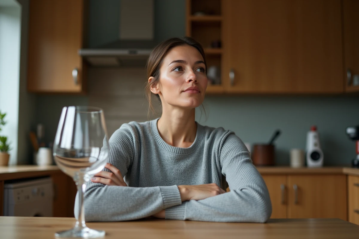 Femme posant des limites face au comportement alcoolique de son conjoint, assise à la table de cuisine les bras croisés