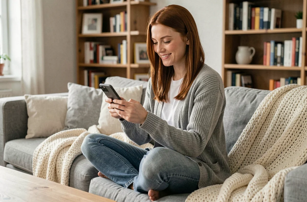 Femme souriante lisant un proverbe sur maman reçu par message sur son smartphone dans un salon cosy