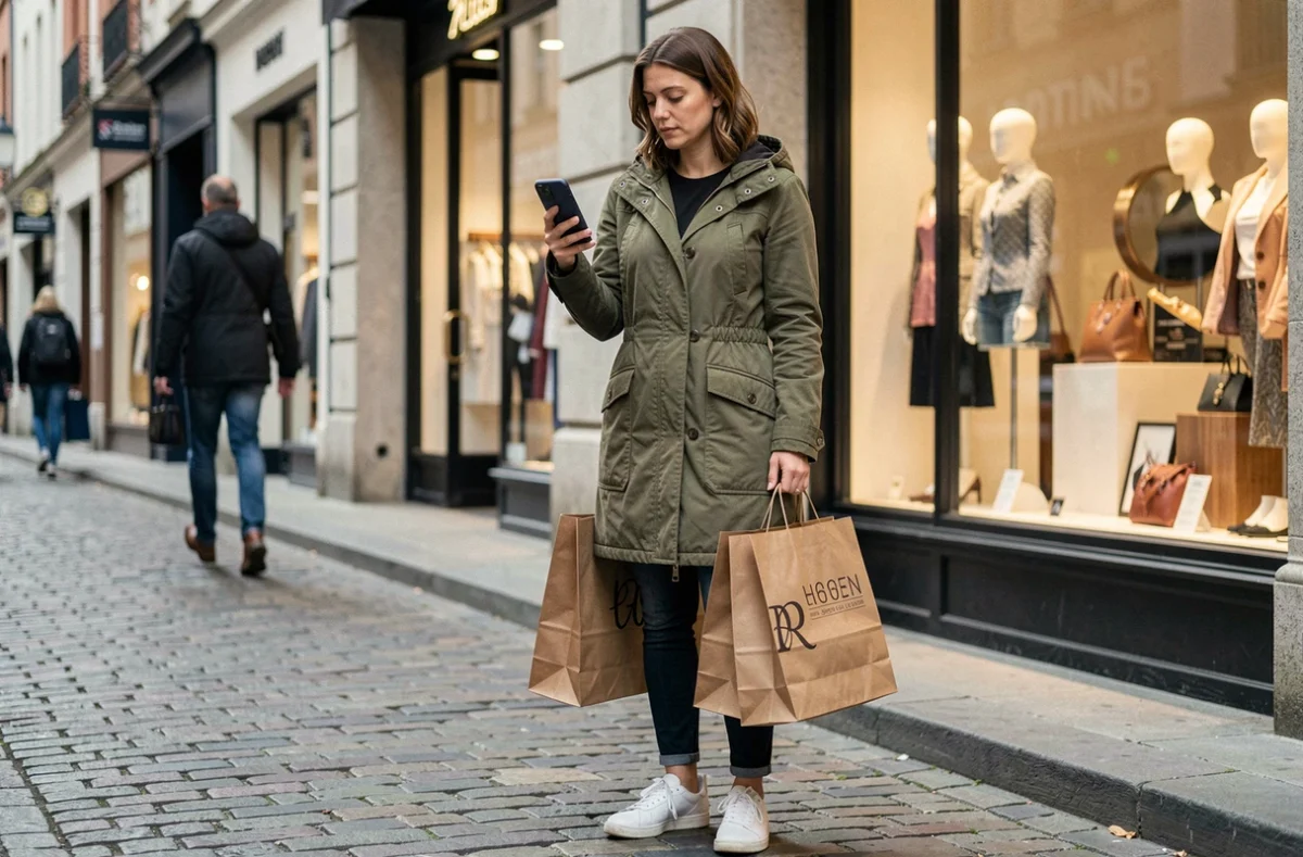 Femme en ville consultant une liste de courses sur smartphone devant une boutique avec des sacs de shopping