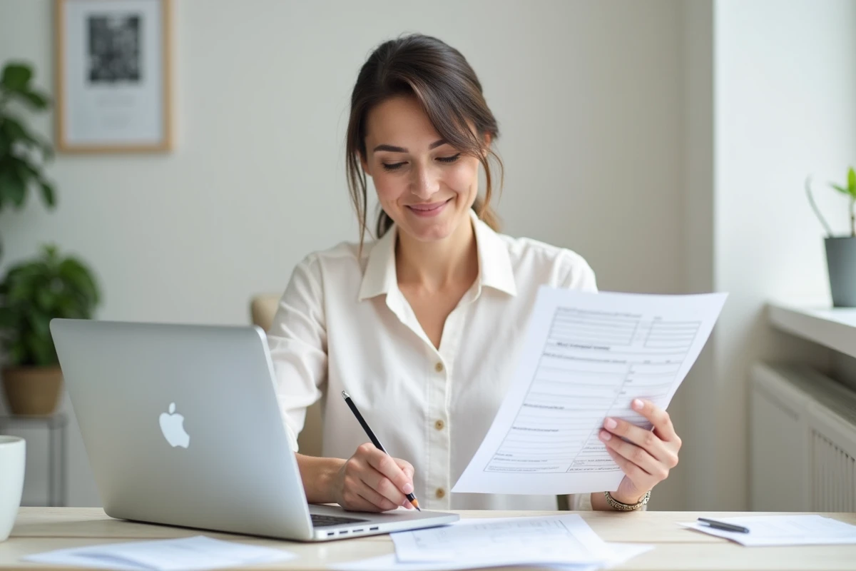 Femme modifiant un modèle de questionnaire PDF à son bureau à domicile avec un crayon et un ordinateur portable