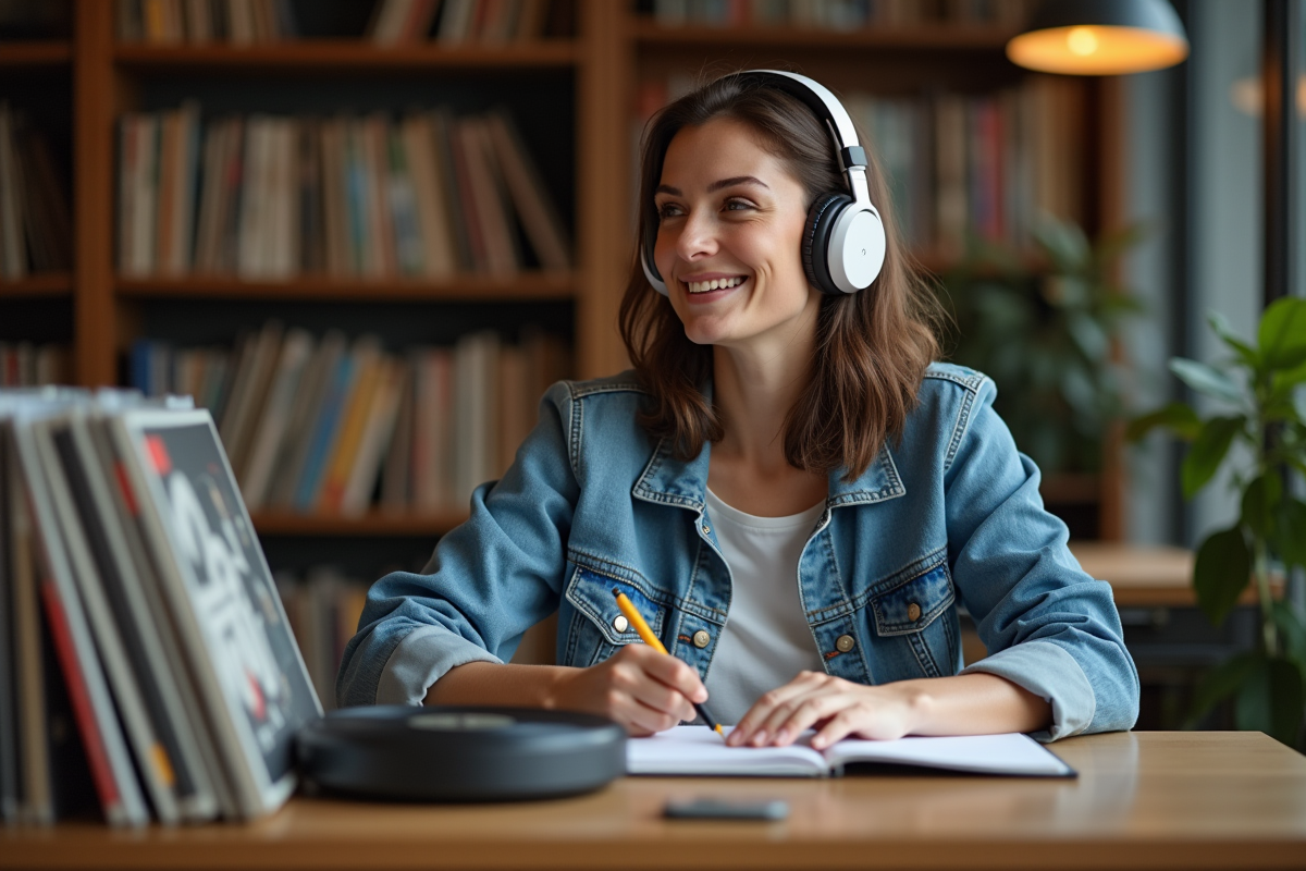 Femme écoute de la musique avec vinyles et casque