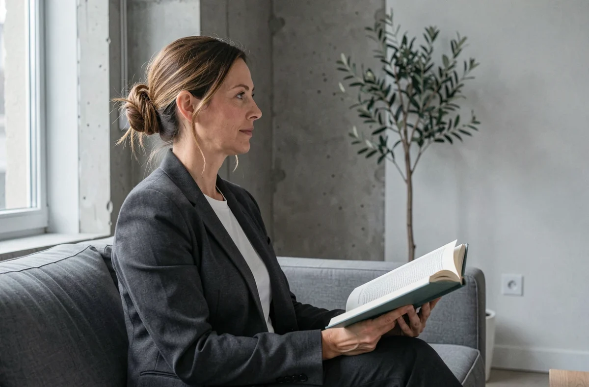 Femme pensive dans un appartement parisien moderne, illustration intimiste de la vie privée et sentimentale d'une personnalité médiatique