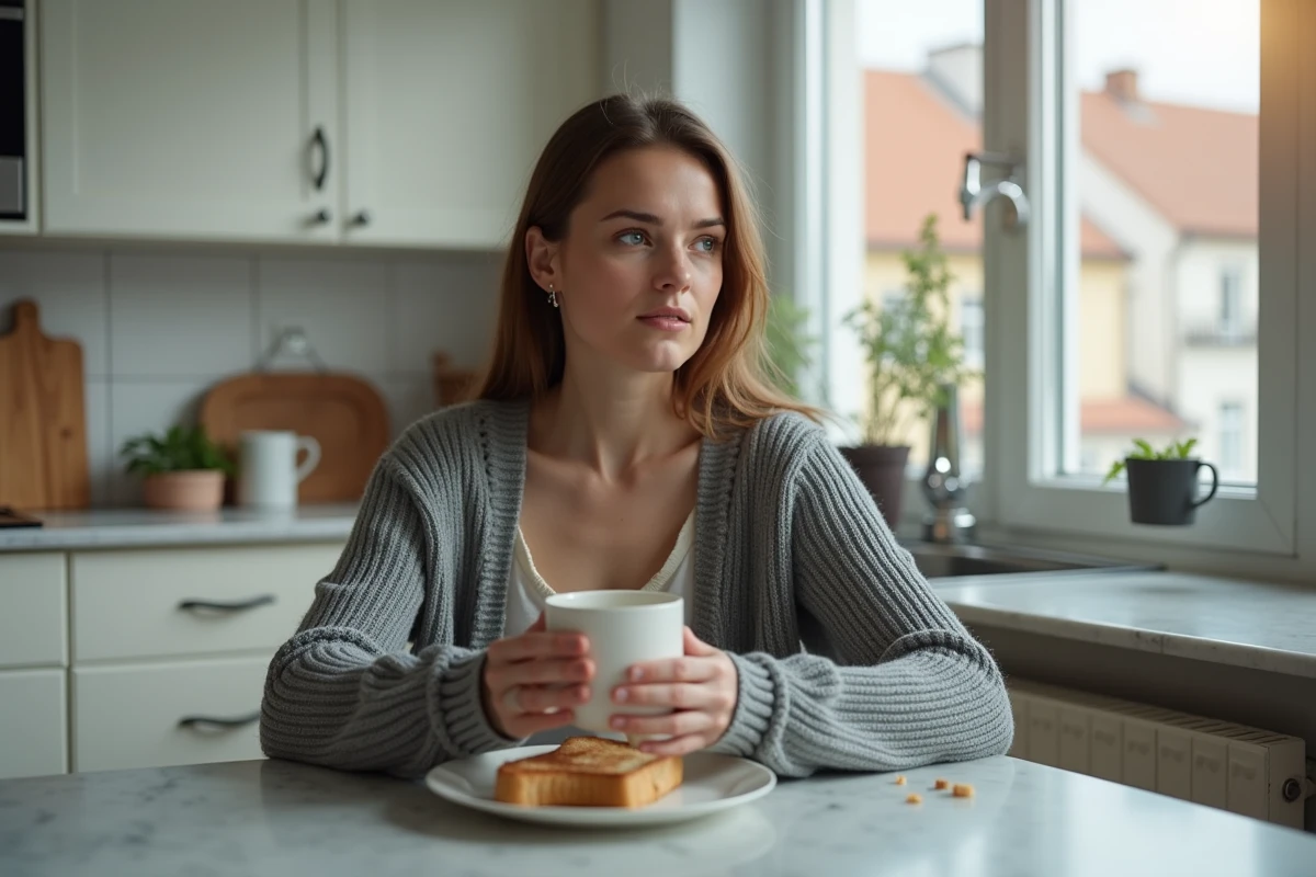 Femme pensive dans une cuisine le matin tenant une tasse, songeant après un rêve troublant sur son couple