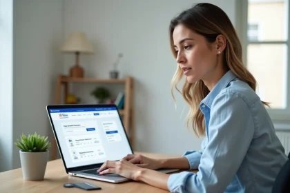 Femme utilisant le portail famille de Meudon sur un ordinateur portable depuis son bureau &agrave; domicile