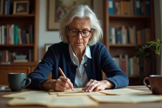 Femme consultant des documents généalogiques anciens pour retracer le nom de famille Albrad