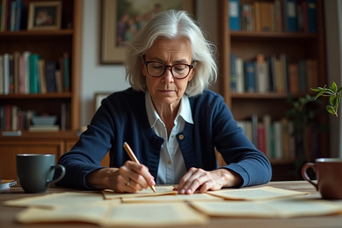 Femme consultant des documents généalogiques anciens pour retracer le nom de famille Albrad