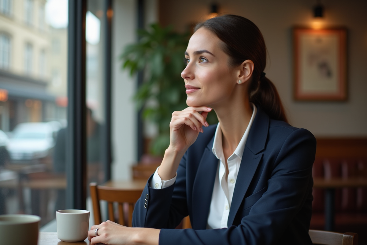 Femme pensante dans un café avec ambiance urbaine