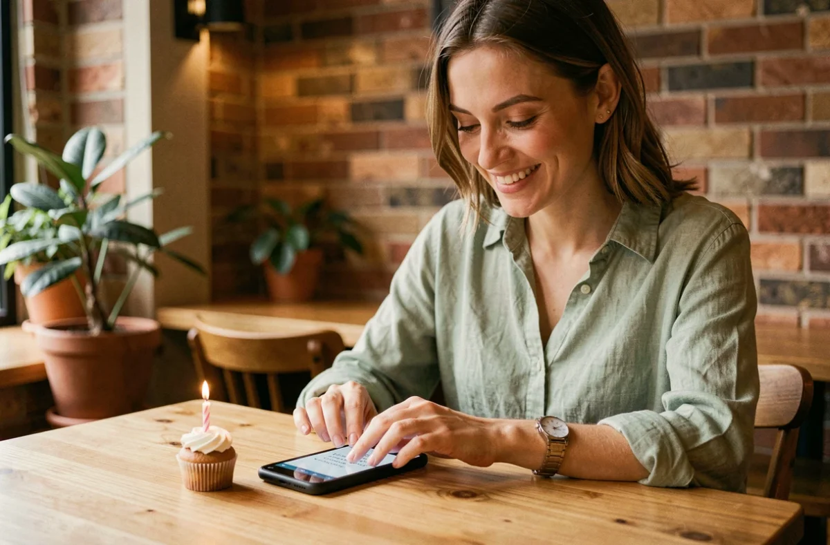 Femme tapant un SMS d'anniversaire sur son smartphone dans un café chaleureux avec un cupcake sur la table