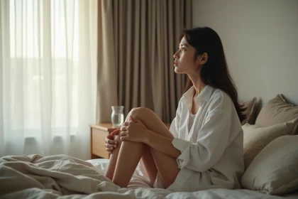 Femme songeuse assise seule sur un lit, reflétant l'angoisse d'un rêve de trahison conjugale