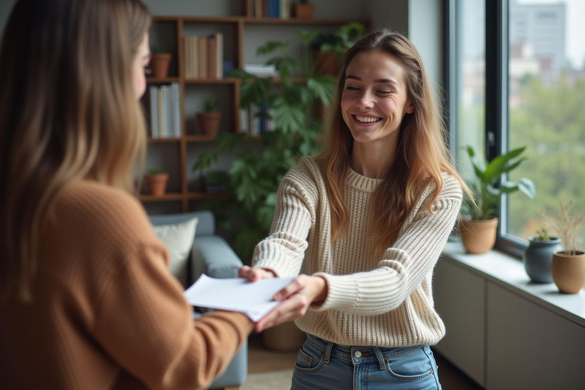 Jeune femme souriante donnant une note à une amie dans un salon