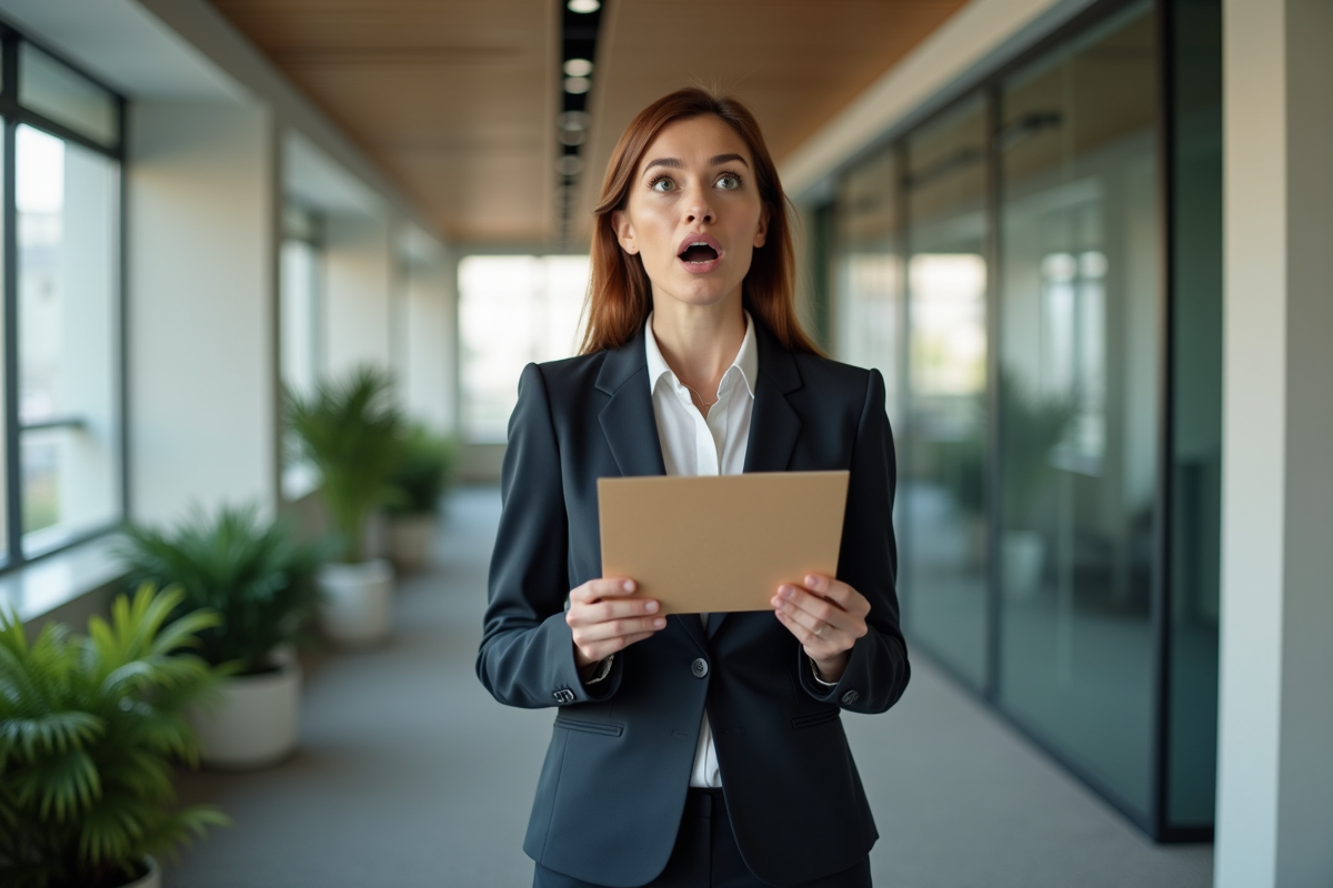 Femme surprise en tenue d'affaires dans un bureau