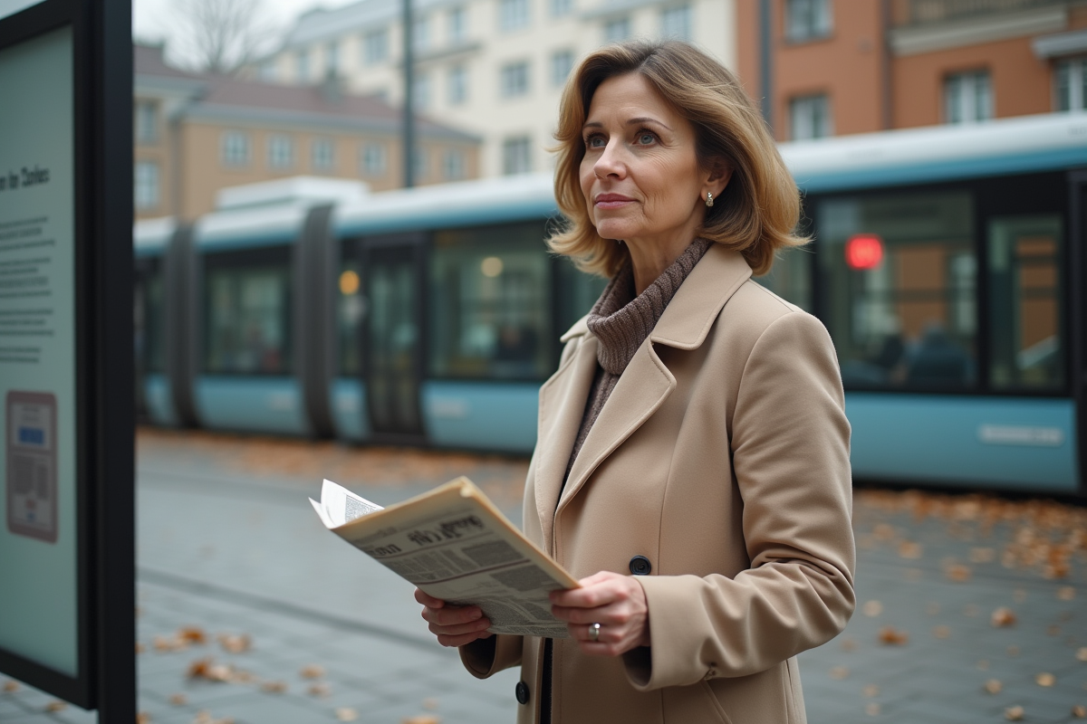 Femme contemplative en manteau beige à l'arrêt de tram