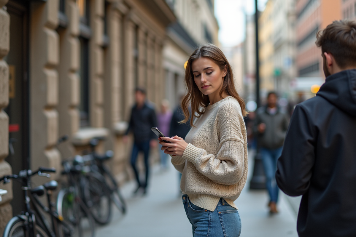 Jeune femme regardant son téléphone dans la ville