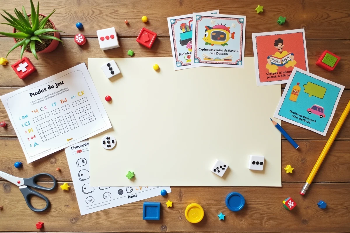 Mise en page à plat de fiches de jeux imprimées et accessoires prêts pour une kermesse scolaire