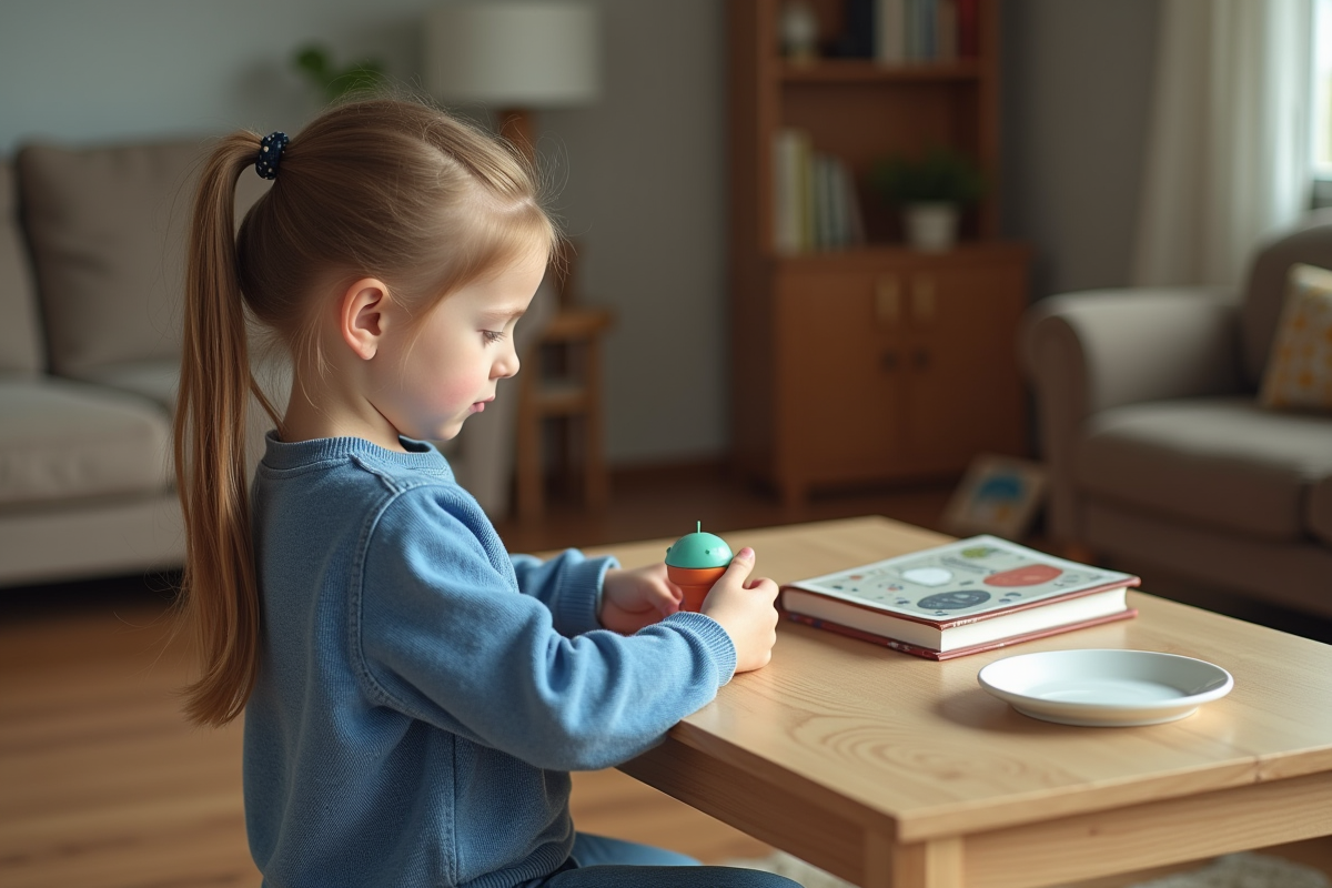 Jeune fille de 7 ans avec un pull bleu regarde un jouet