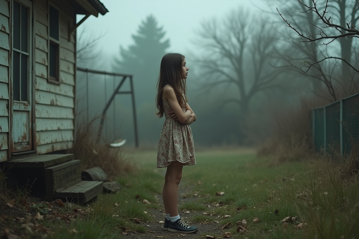 Une adolescente dans un jardin abandonné regardant au loin