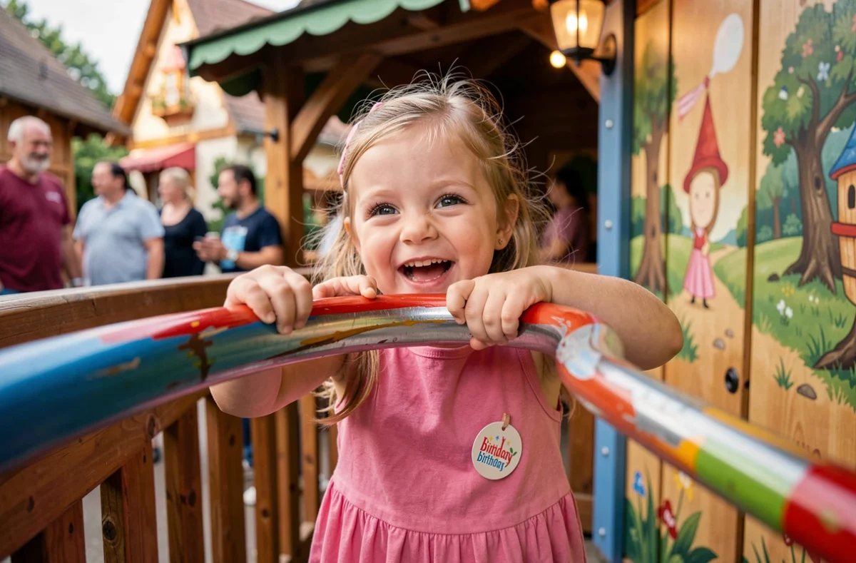 Petite fille en robe rose attendant avec enthousiasme une attraction dans un parc en Alsace pour son anniversaire