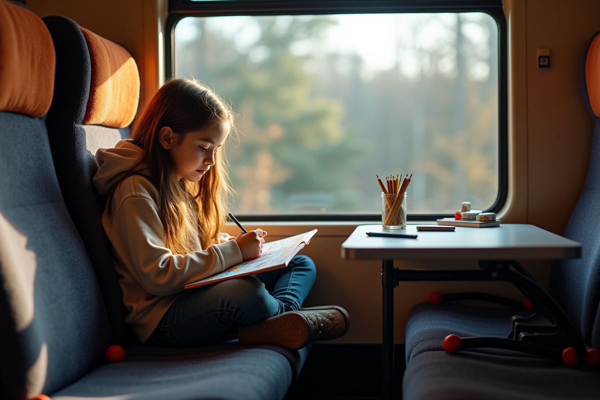 Une fille dessine dans un train assise près de la fenêtre