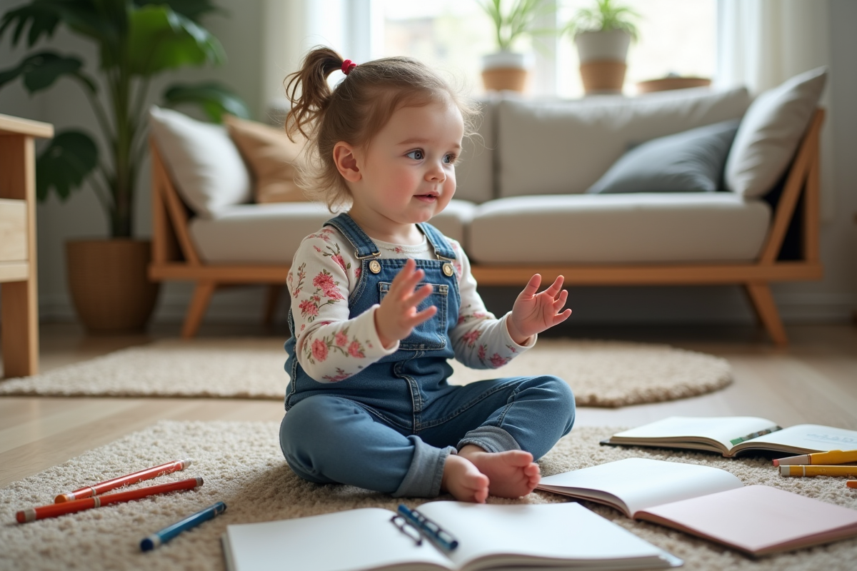 Fille de deux ans raconte une histoire avec des livres et des crayons