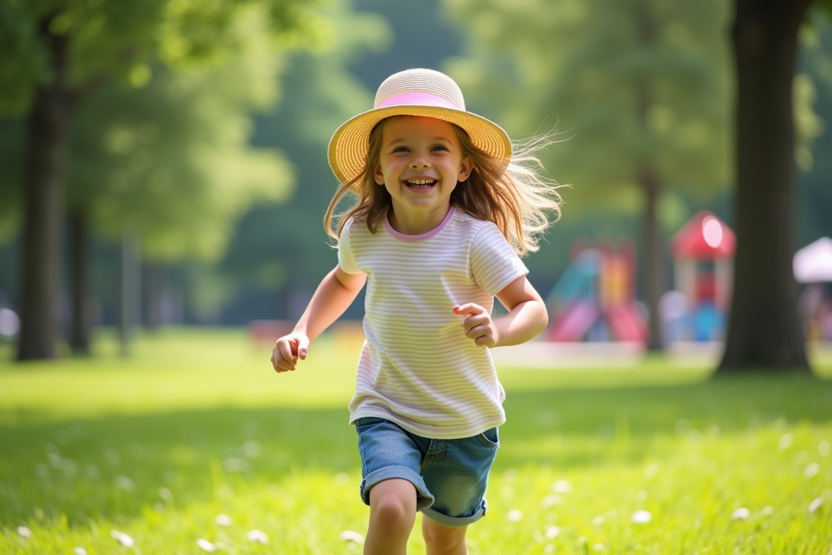 Jeune fille en chapeau pastel court dans un parc vert