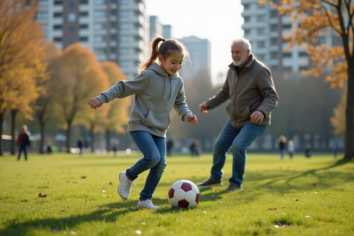 Fille de 10 ans jouant au football avec un adulte dans un parc urbain