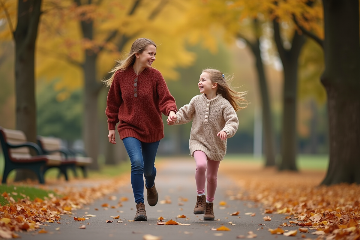 Fille de 9 ans courant dans un parc automnal en famille