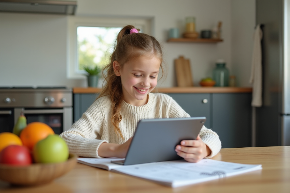 Jeune fille souriante utilisant une tablette à la cuisine