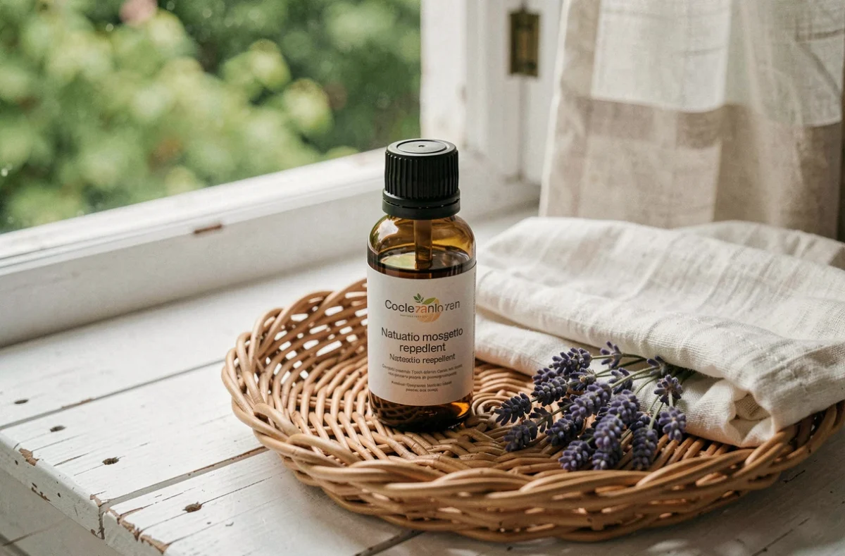Flacon de répulsif moustique naturel pour bébé posé sur un plateau en osier avec de la lavande séchée et un tissu en mousseline de coton