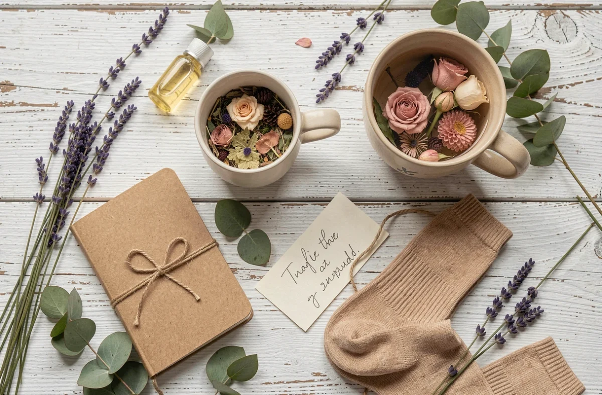 Flat-lay d'un coffret cadeau pour femme enceinte avec soins naturels, thé, journal et chaussettes en bambou sur fond de bois blanc