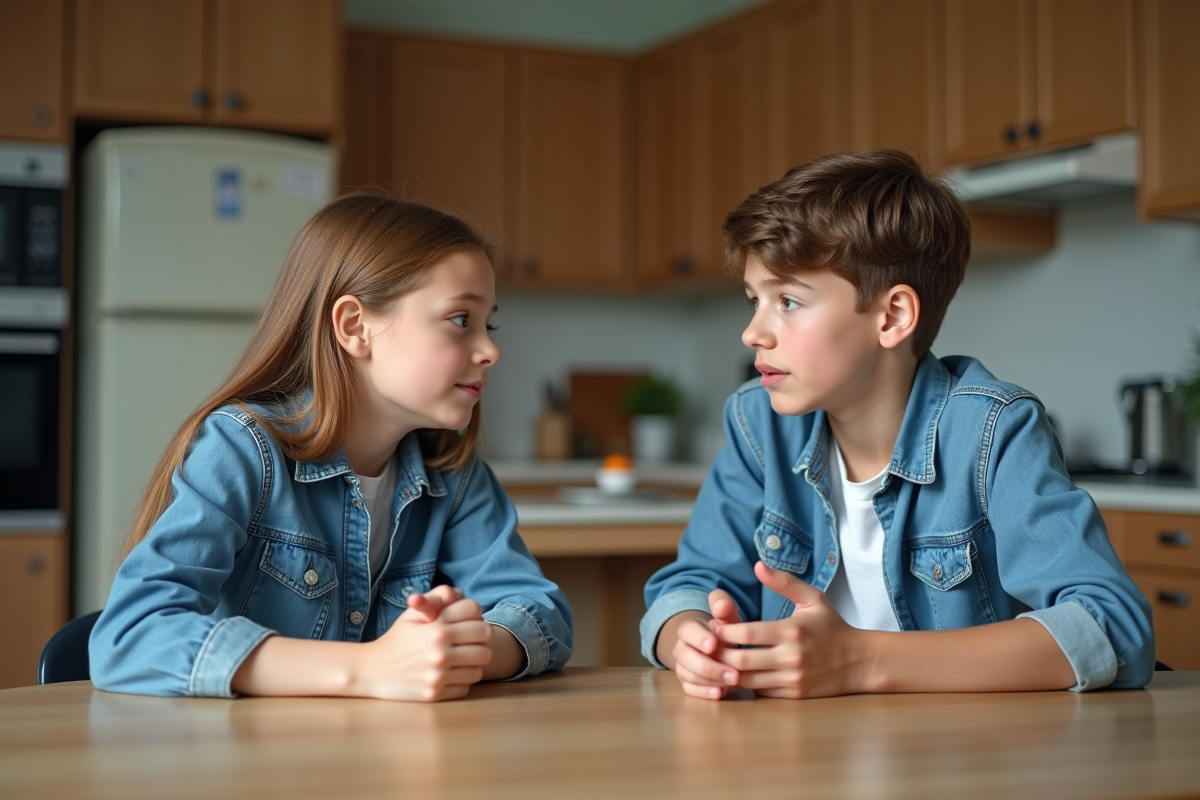 Deux adolescents en discussion dans une cuisine moderne