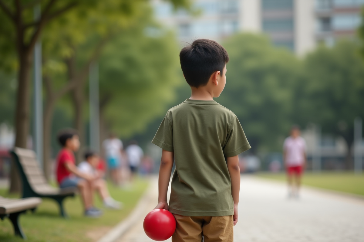 Garçon de 9 ans dans un parc urbain observe des enfants