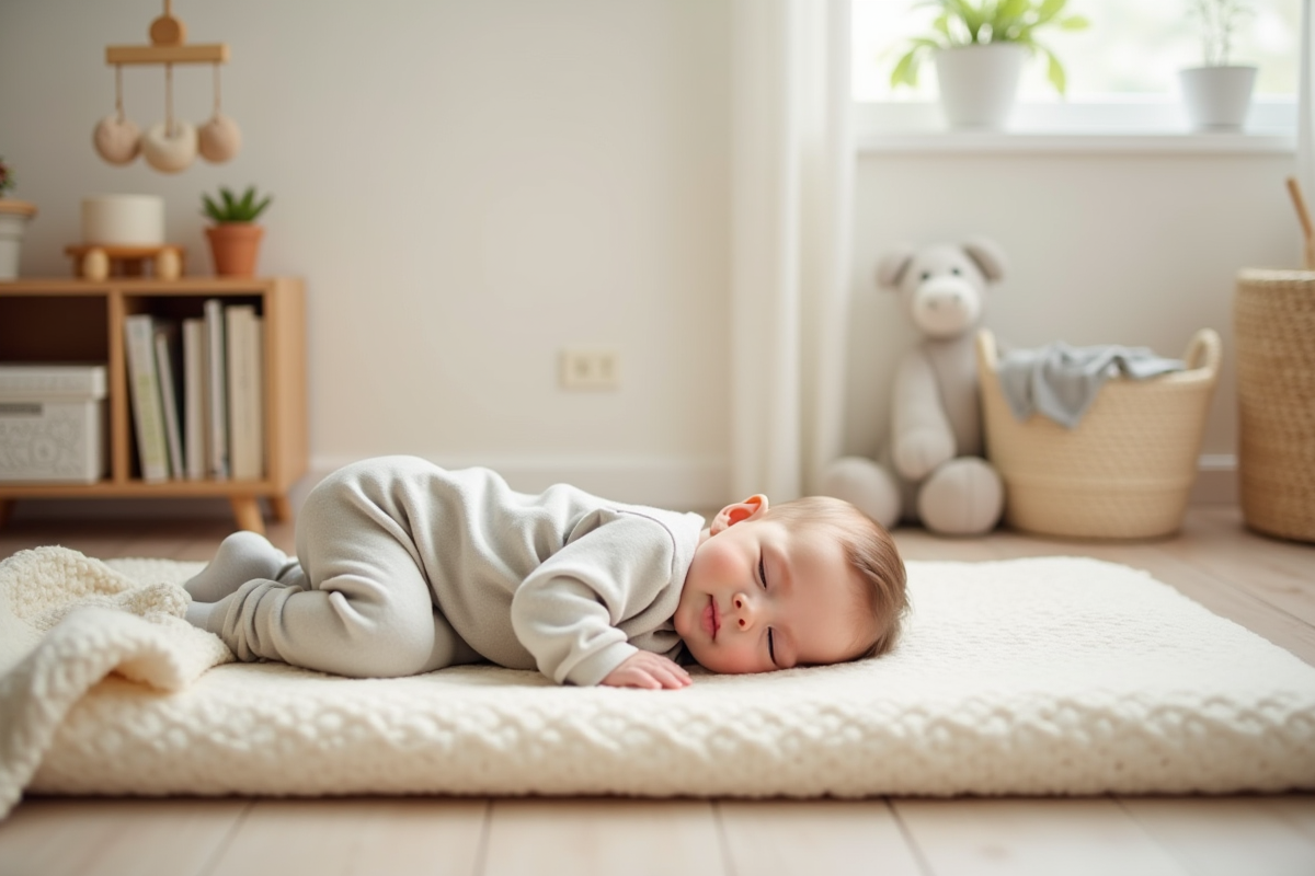 Bébé garçon endormi sur un matelas avec jouets et livres