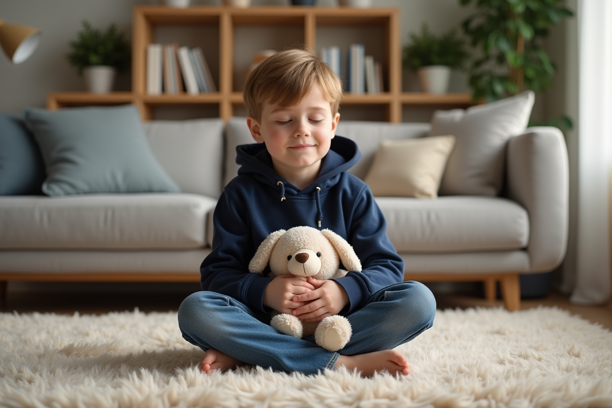 Garçon de 7 ans en hoodie marine et jeans en moment de calme